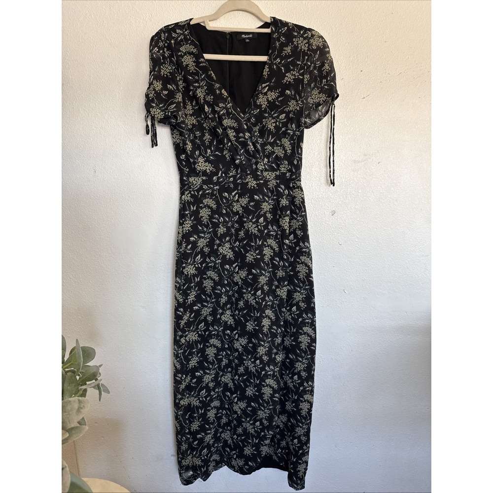 MADEWELL Maxi Dress Tulip Sleeve Sweet Blossom Floral Black Green Faux Wrap Sz 0